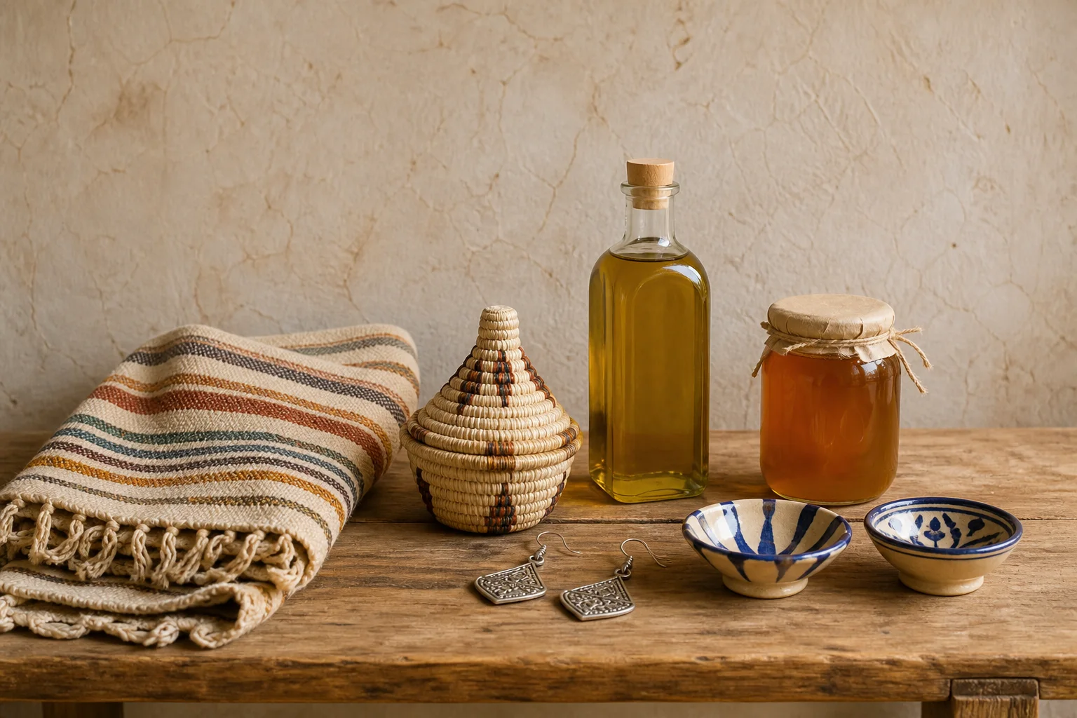 Woven textile, basket, olive oil, honey, Amazigh jewellery and ceramics from the Chichaoua region