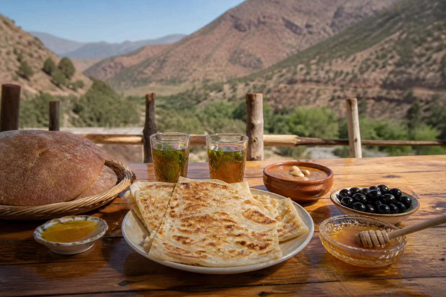 Msemen, bread, amlou, honey, olives and mint tea at a High Atlas breakfast stop from Agadir to Marrakech