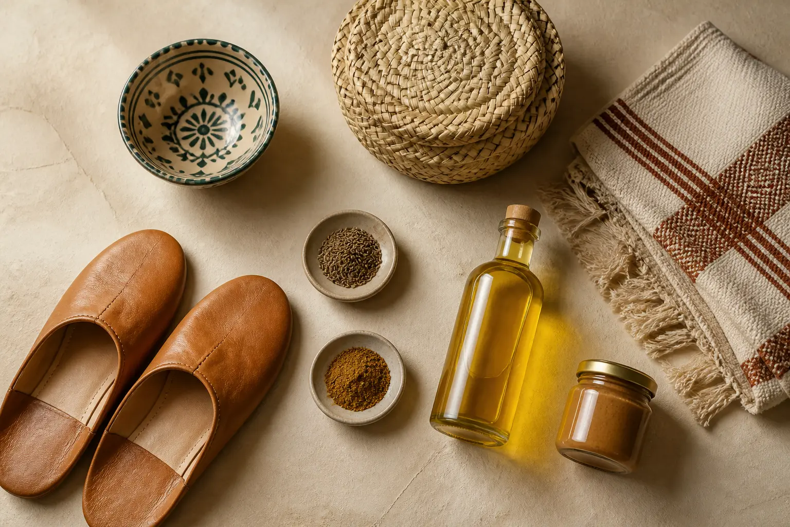Moroccan ceramics, woven basket, leather babouches, textile, spices, argan oil and amlou arranged as local gifts