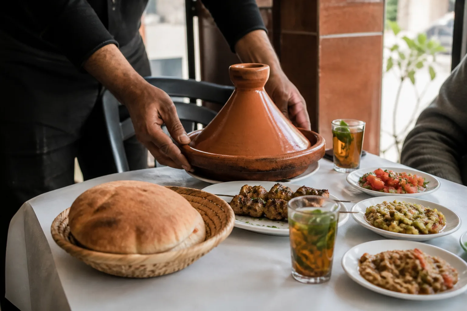 Tagine, grilled brochettes, Moroccan salads, bread and mint tea during a lunch stop near Settat