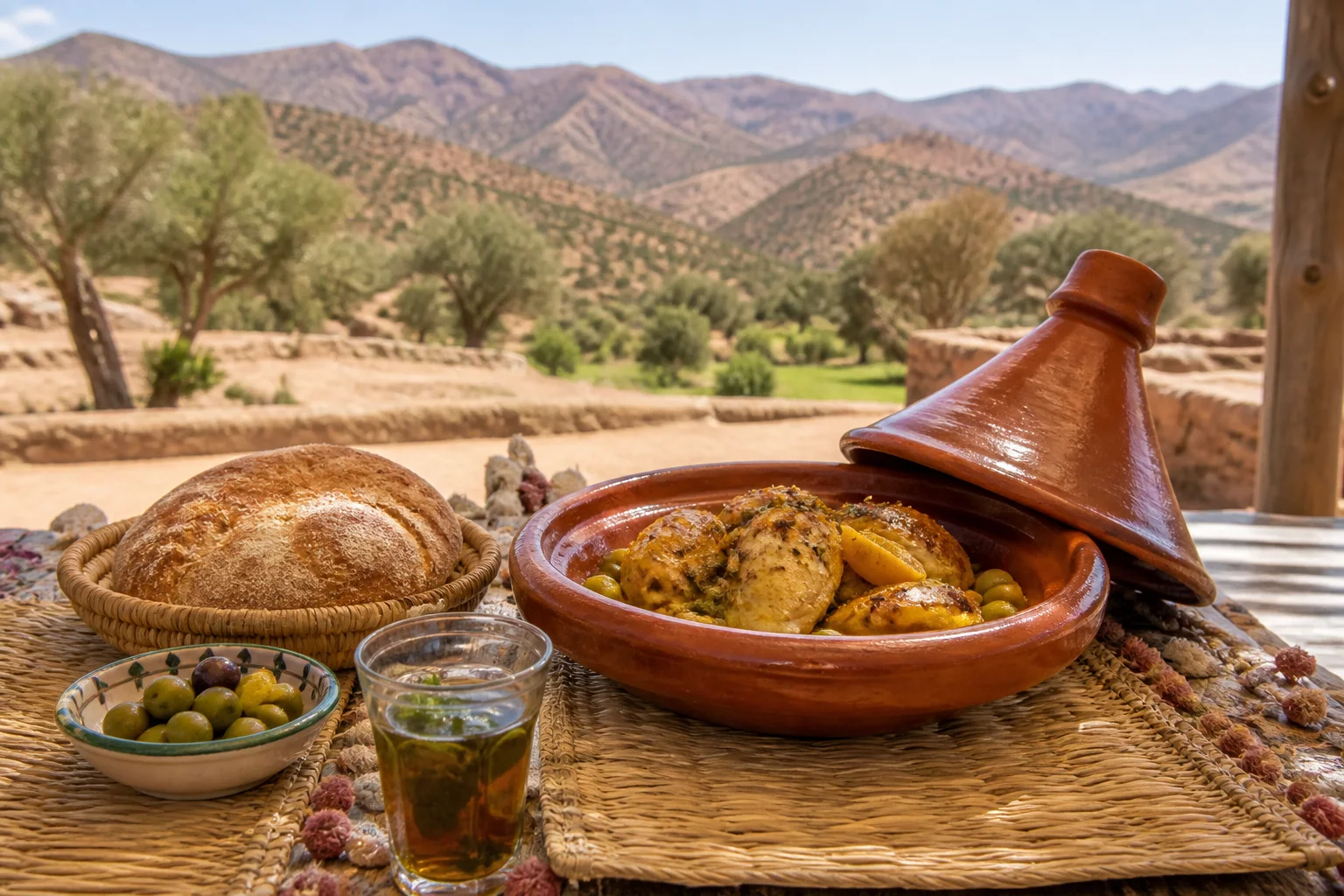 Moroccan tagine, bread, olives and mint tea at a road-trip lunch stop between Marrakech and Agadir