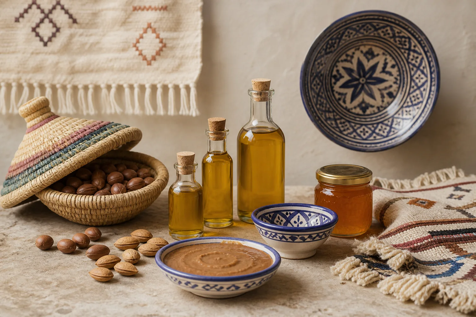Argan oil, amlou, honey, woven baskets and Moroccan ceramics from the Souss-Massa region