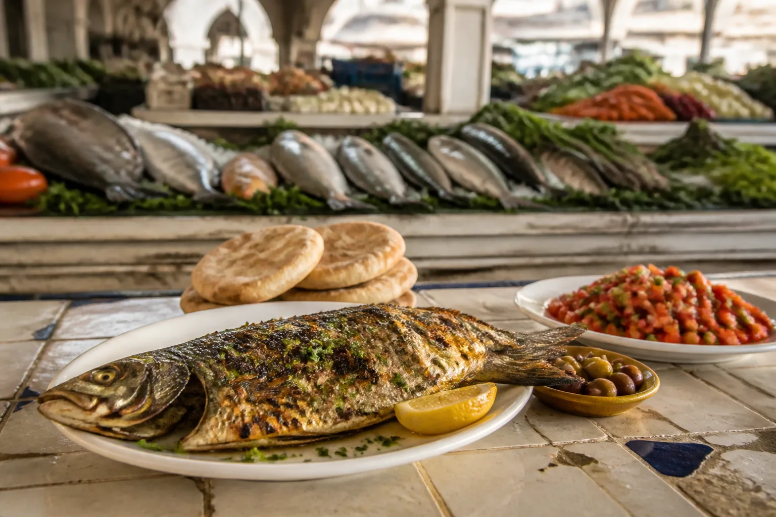 Freshly grilled Atlantic fish with Moroccan bread, salad and olives at Casablanca Central Market