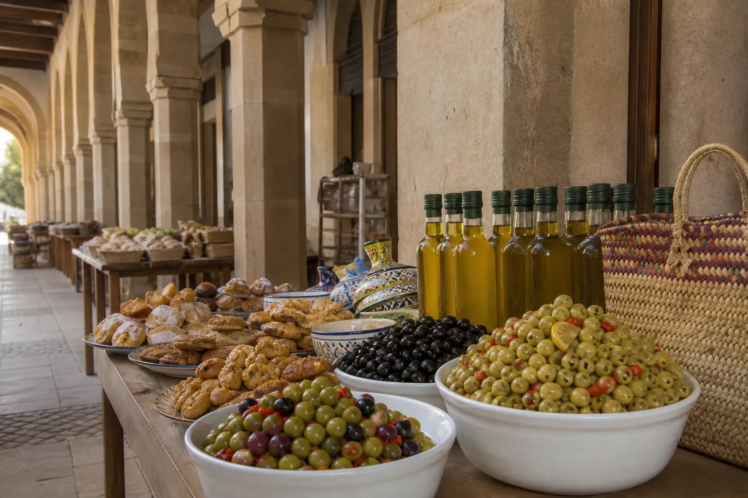 Olives, olive oil, Moroccan pastries, ceramics and a woven basket under the arcades of Casablanca's Habous Quarter