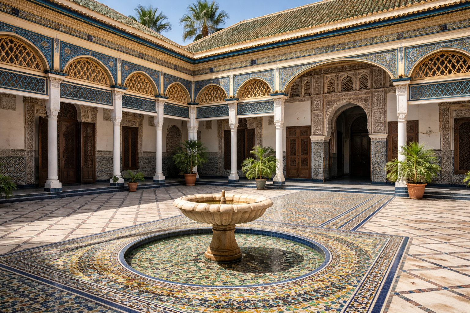 Bahia Palace courtyard details with mosaic and arches.