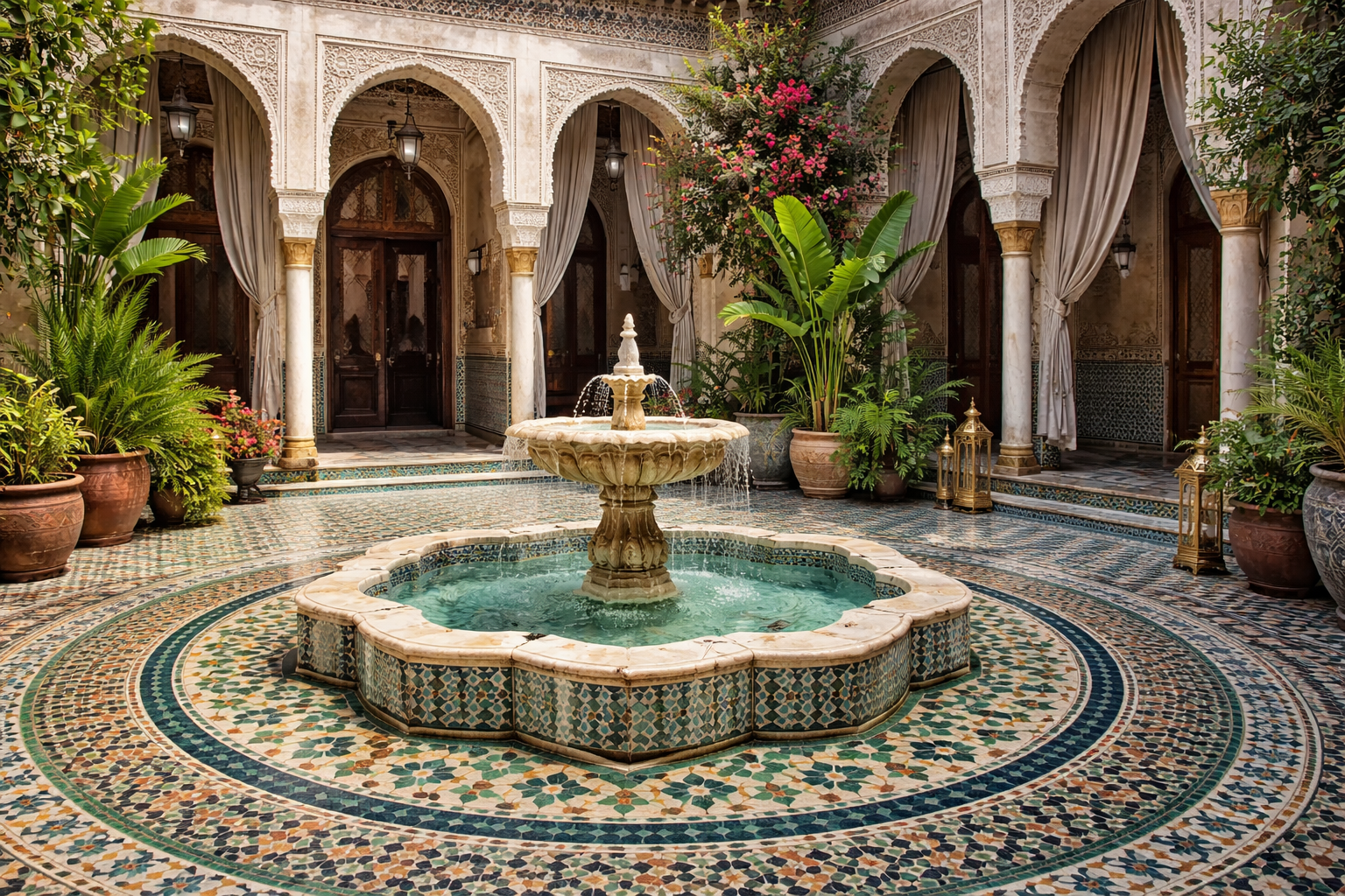 Riad courtyard with fountain and tilework.