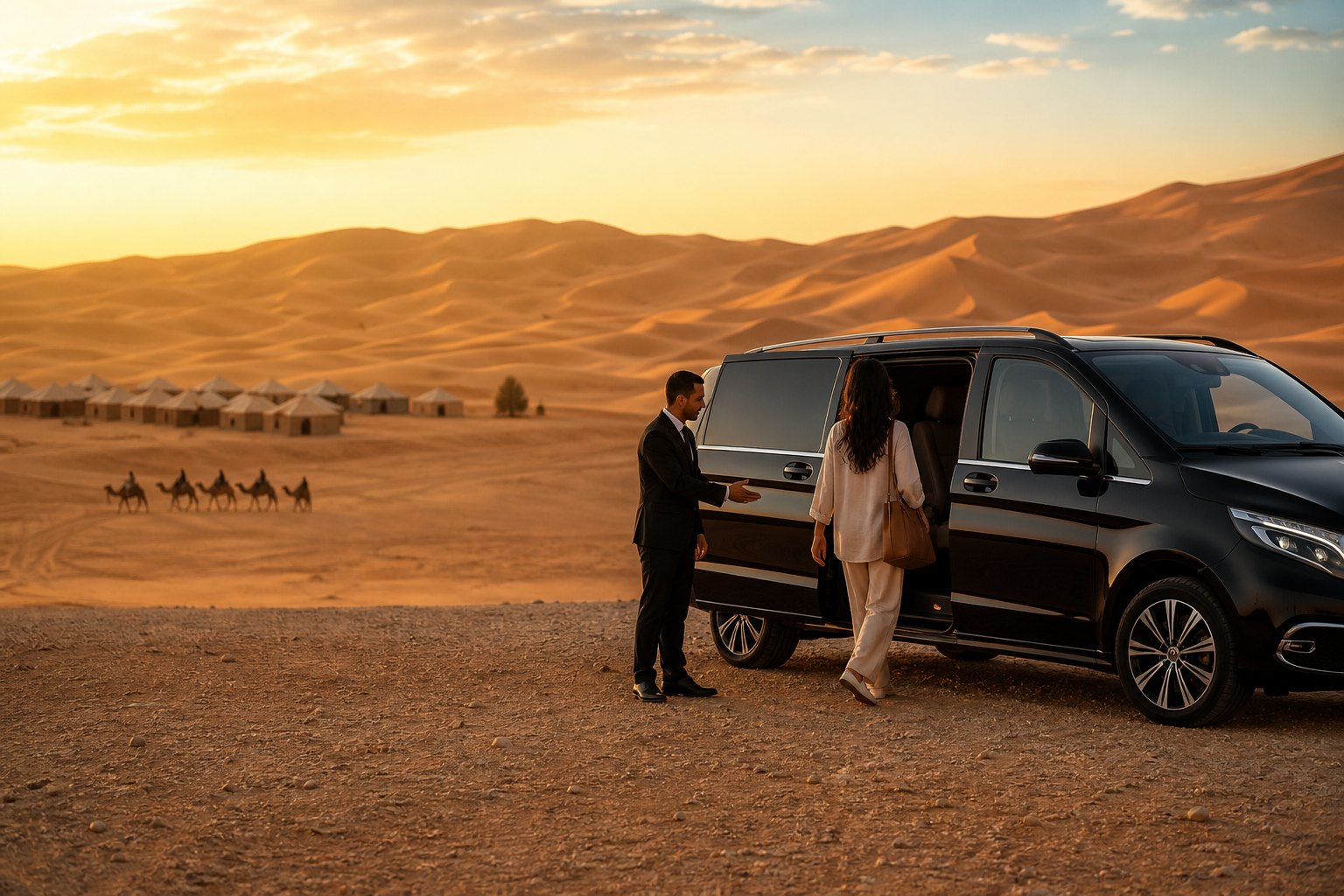 Private chauffeur arrival at Sahara Dunes Merzouga with a black van near Erg Chebbi